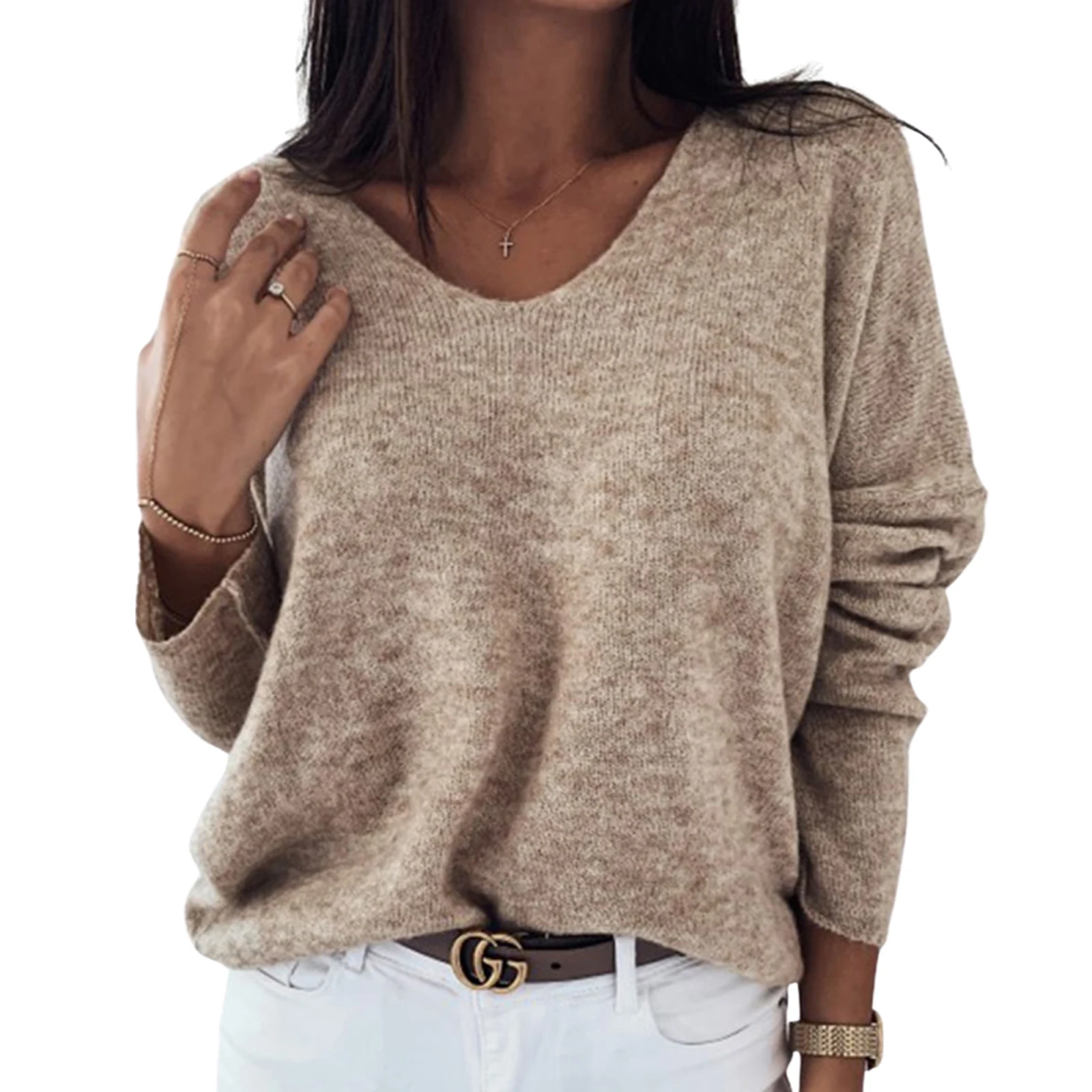 

Women Loose Knitted Sweater Top Loose Casual Long Sleeve V-neck Solid Color Pullover Top Autumn Winter Fashion 2020 New
