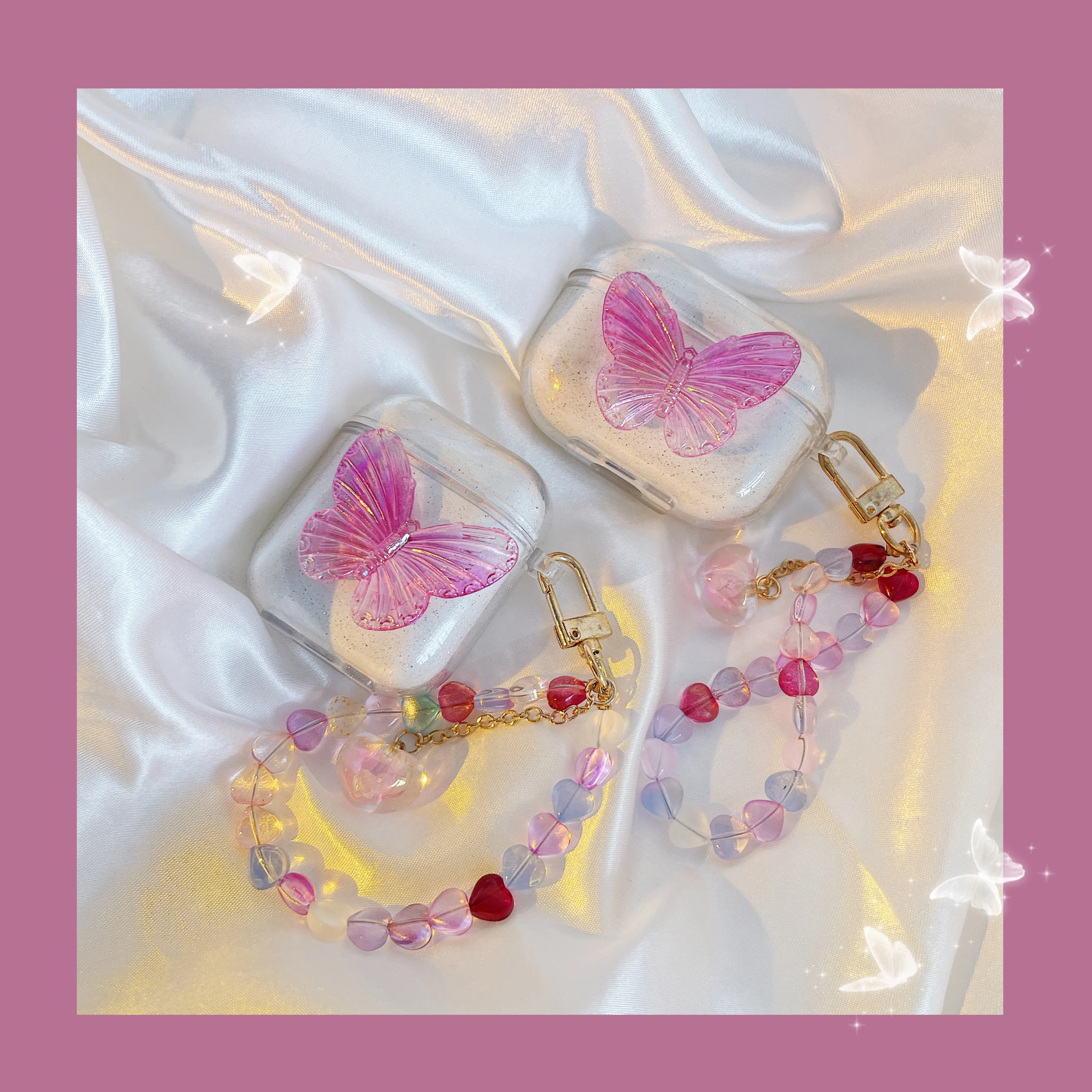 

Earphone Cases For Apple AirPods 1 2 3 Pro Charging Soft TPU Cover Wireless Bluetooth Pearl bracelet Cute Butterfly Case