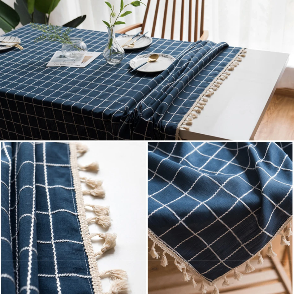 

Japanese Style Pastoral Tablecloth,Dark Blue Three-Dimensional Embroidery Dust-Proof Table Cover,For Kitchen Dinner Party Table