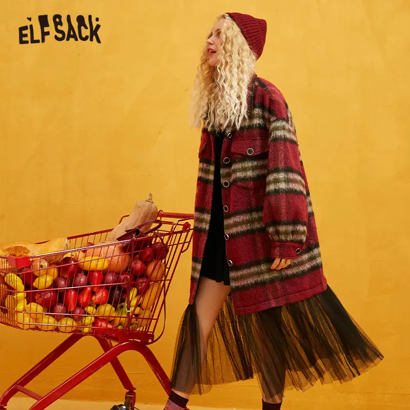 ELFSACK клетчатое прямое однобортное контрастное Сетчатое шерстяное пальто для