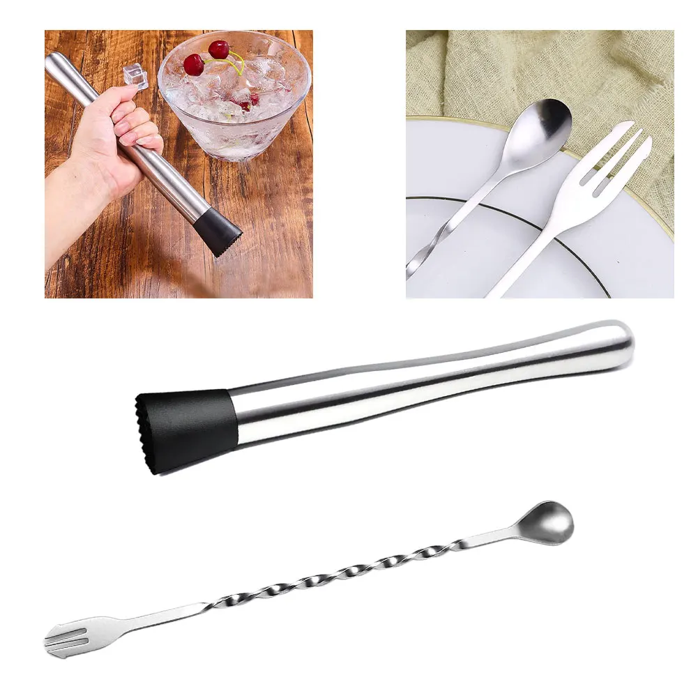 

Stainless Steel Bar Cocktail Shaker Set Twisted Mixing Spoon Cocktail Muddler Shaker With Crushing Hammer Wine Mixing Stick 2CPS