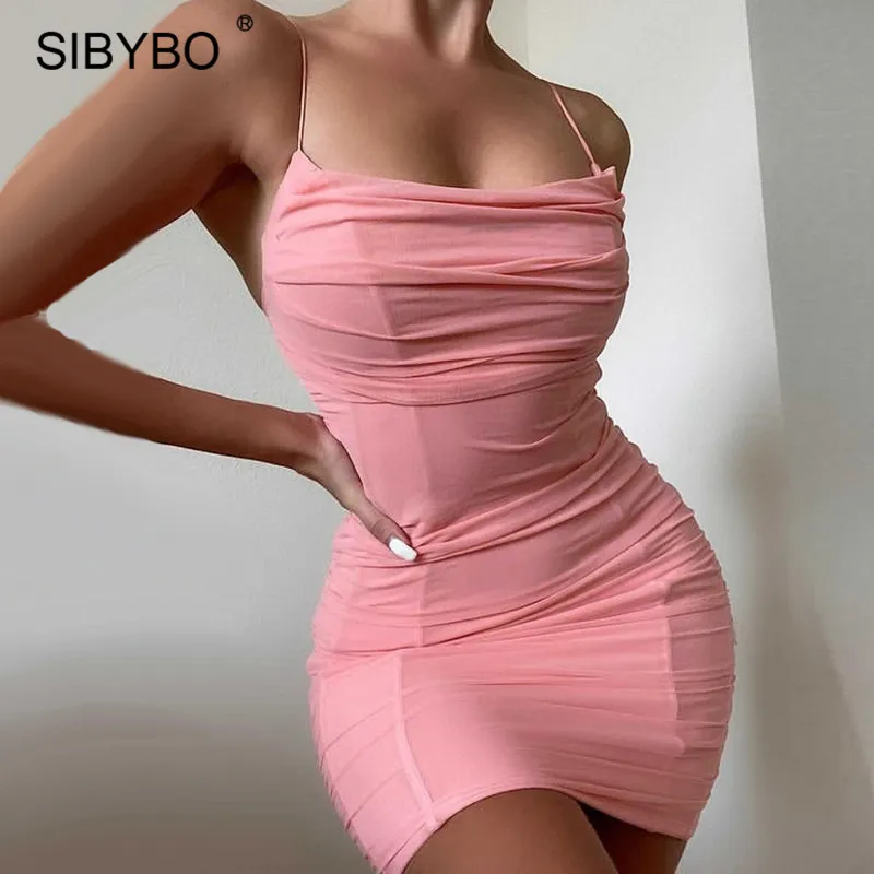 

Sibybo Women Sexy Bodycon Mini Dress 2021 Summer Spaghetti Strap Backless Party Dress Femme Pink Lace Up Ruched Dress Vestidos