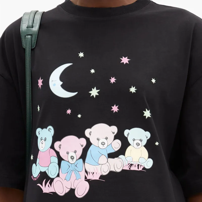 

Ladies Summer Loose Cartoon Print Brand Cotton T-Shirt Female High Street Black Casual Tees Ladies New Fashion O-Neck Top ML019