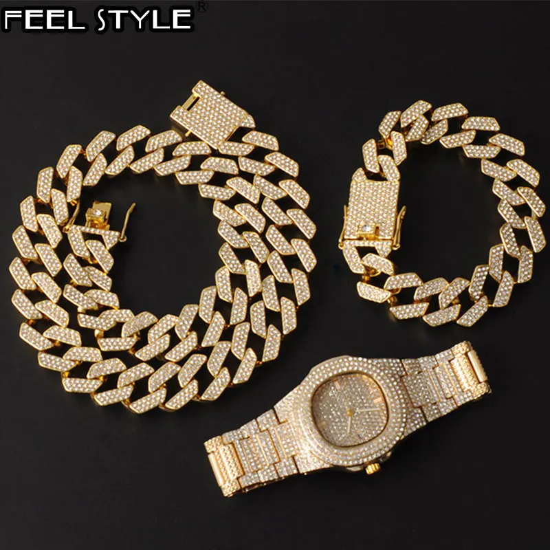 Хип-хоп 20 мм 3 шт набор часов + ожерелье браслет побрякушки AAA стразы из сплава со