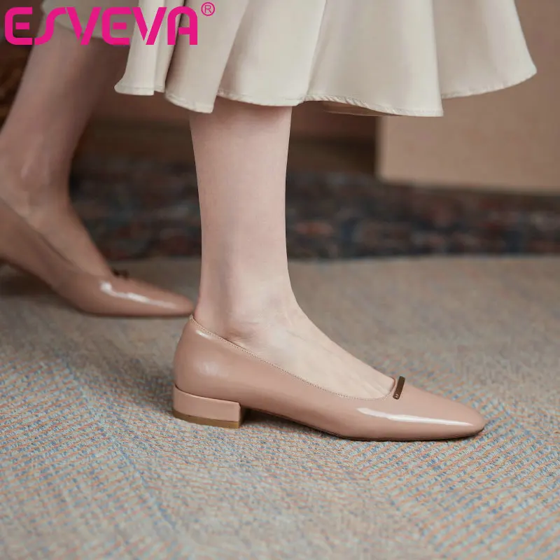 

ESVEVA/2021 г. Элегантная Летняя женская обувь без шнуровки на низком квадратном каблуке Универсальные женские туфли-лодочки из коровьей лакиро...