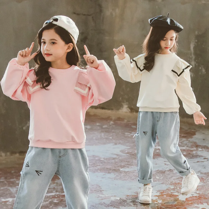 2020 Детский костюм для школы осенний девочек подростков свитер и джинсы комплект