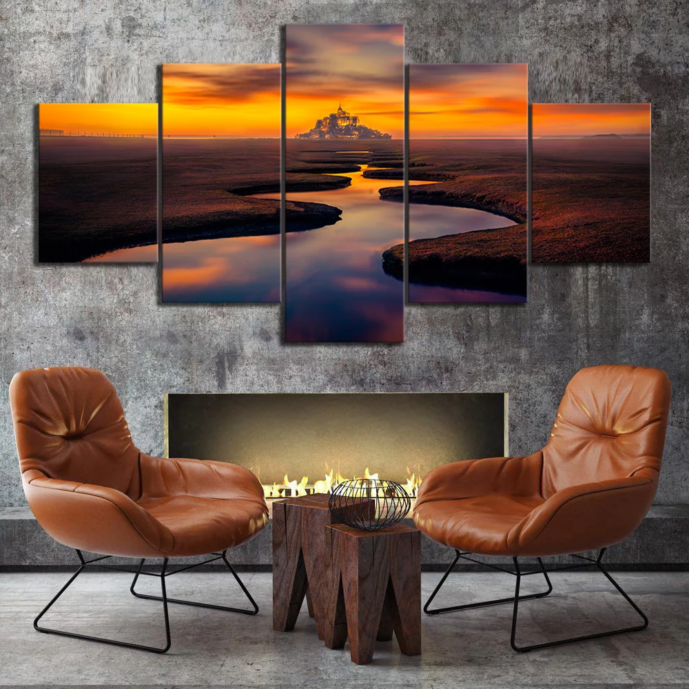 

Art Home Decor Painting Abstract 5 Panel Sunset Landscape Wasteland And River Print Posters Canvas Cuadros Modular Framework