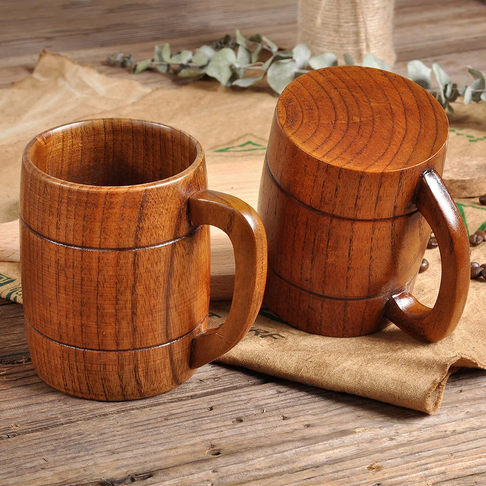

320ML Wooden Wine Mug Handmade Vintage Brown Wood Cup with Handle Wooden Mug Bar accessories for Ale Wine Tea Coffee