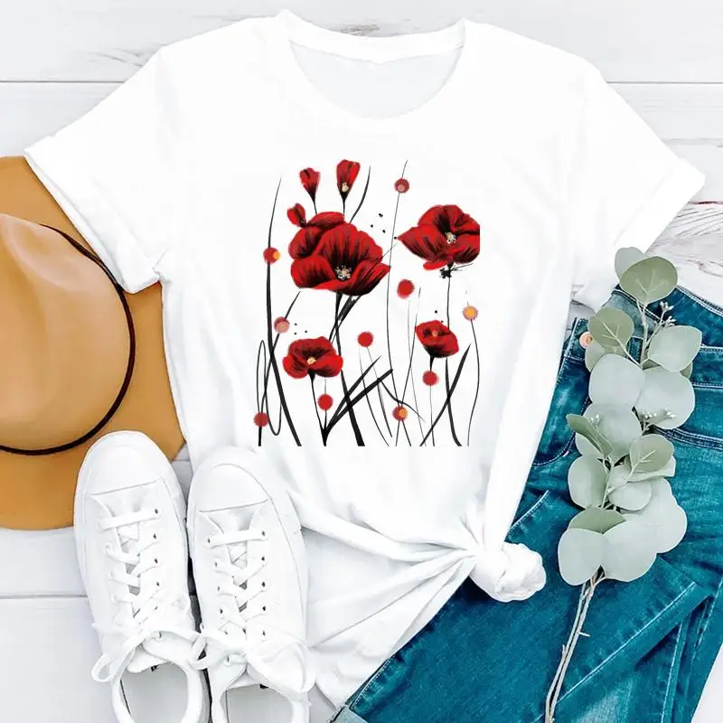 

2021 90s Floral Beach Holiday Cute Summer Short Sleeve Women Fashion Clothes Print Tshirt Female Tee Top Graphic T-shirt