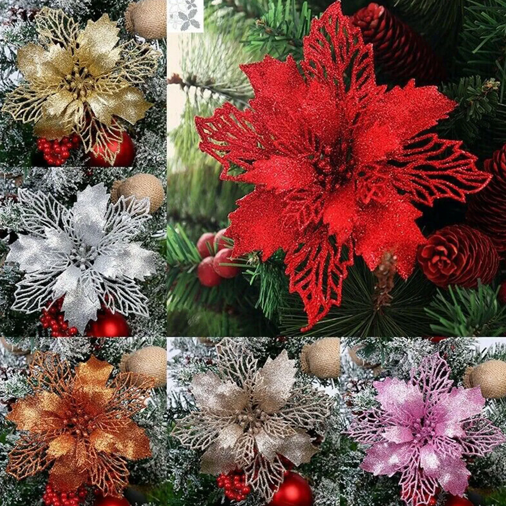

1pcs Glitter Artificial Flowers Merry Christmas Ornaments Christmas Tree Decorations for Home New Year Wedding Party Decor