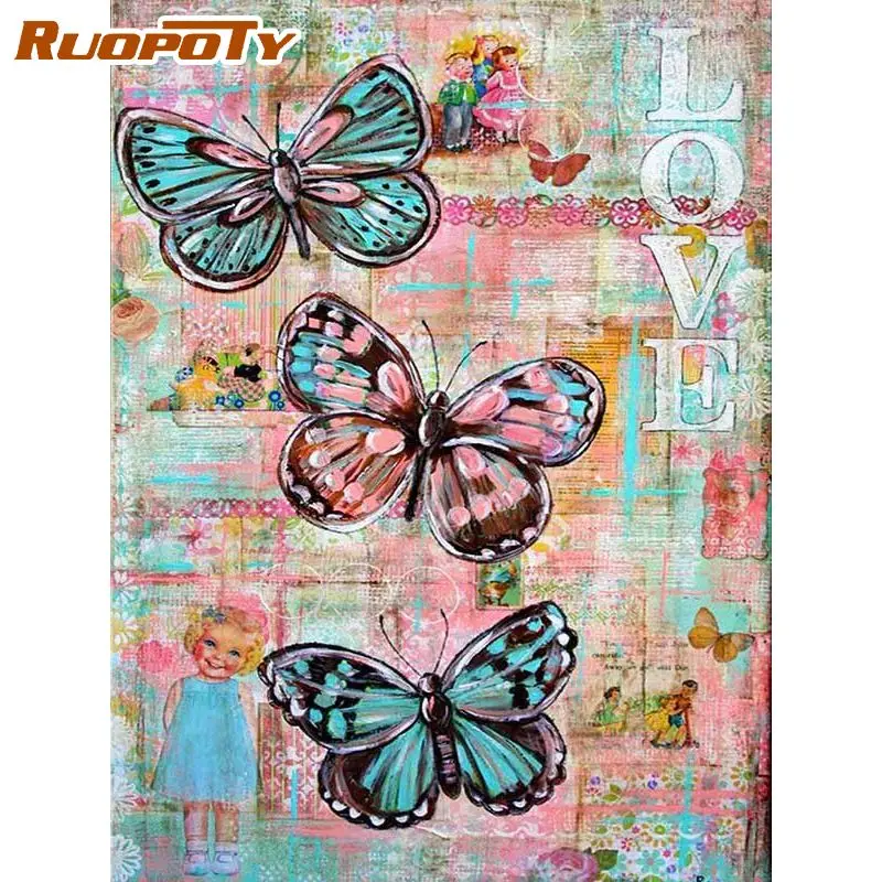 

RUOPOTY 60x75cm Frame Paint By Number For Adults Butterfly Vintage Coloring By Numbers Acrylic Paint On Canvas For Home Decors