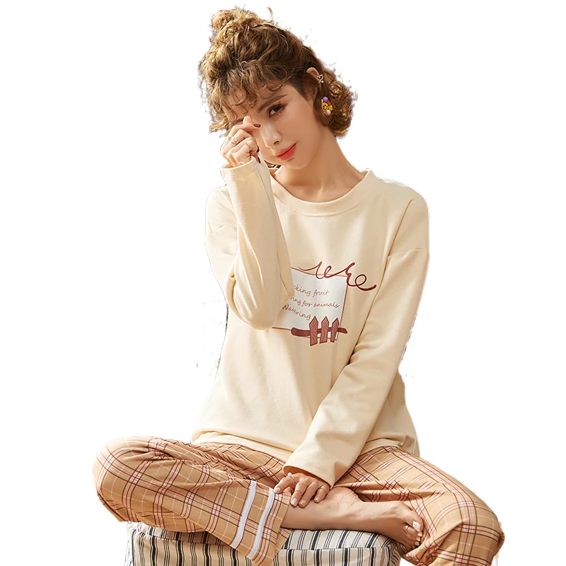 

Женская пижама с длинным рукавом, на весну, осень и зиму, для студентов, свежая хлопковая домашняя одежда в Корейском стиле, повседневный кос...
