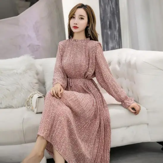 Elegant Stand Collar Floral Print Women Dress Full Sleeve Elastic Slim Waist Chiffon Spring A-line Long 2020 AE10 |