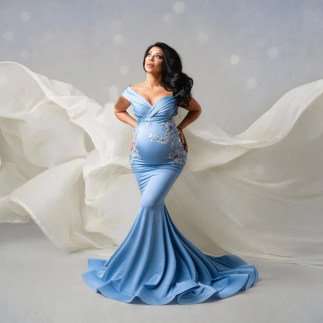 

Charming Blue Mermaid Pregnancy Dresses For Photo Shoot Cap Sleeves Lace Bridal Maternity Gowns Custom Made