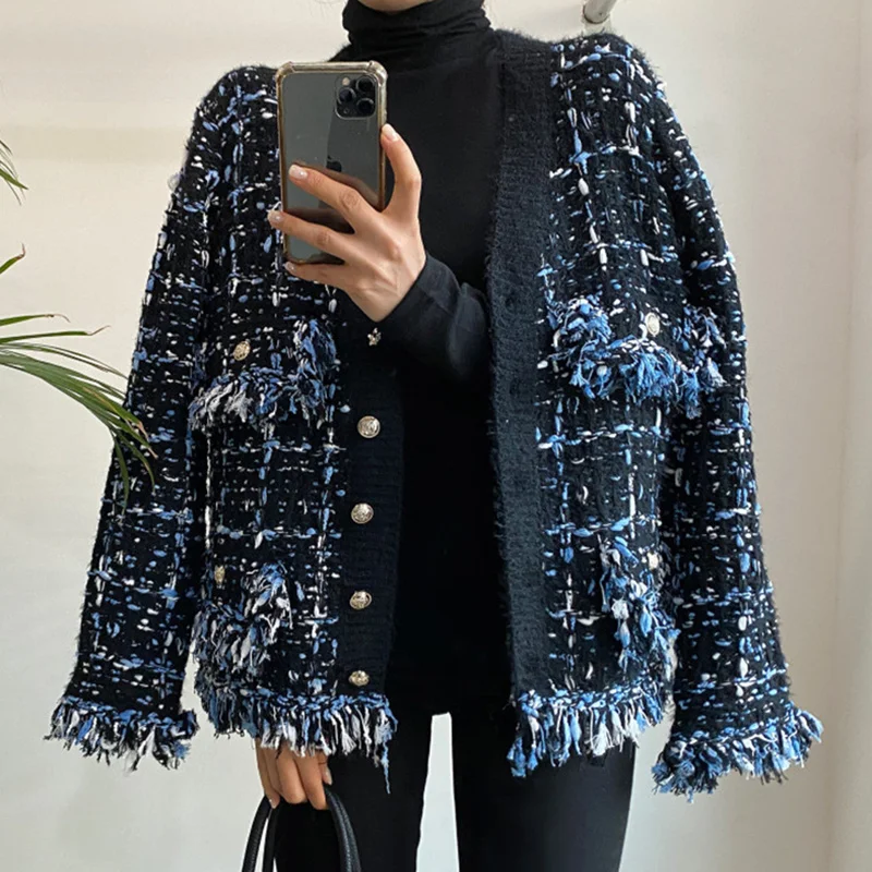 

Корейский шикарный осенне-зимний шерстяной вязаный кардиган разных цветов с V-образным вырезом и бахромой 2021ewq, свободный черный свитер с дл...