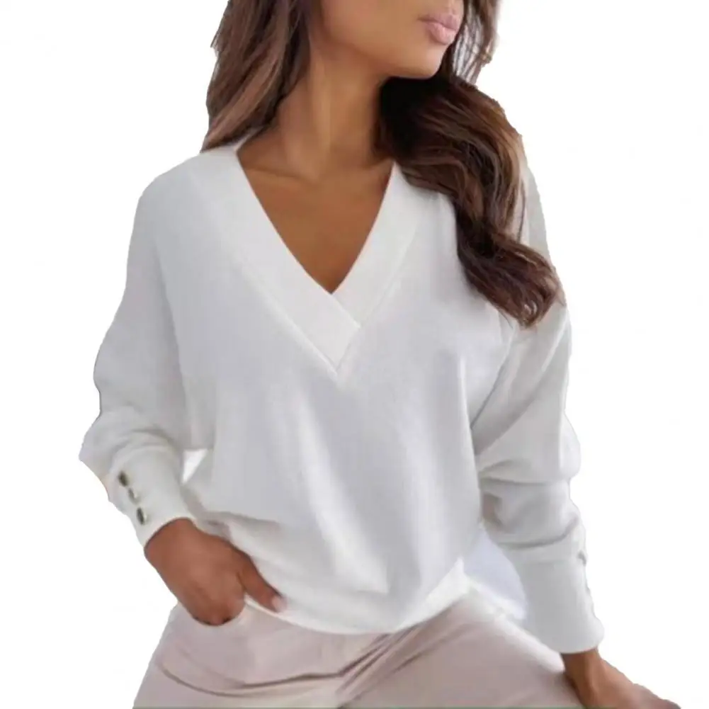 

Ele-choices Women Blouse Solid Color V Neck Autumn Winter Long Sleeve All Match Buttons Pullover Blouse for Daily Wear