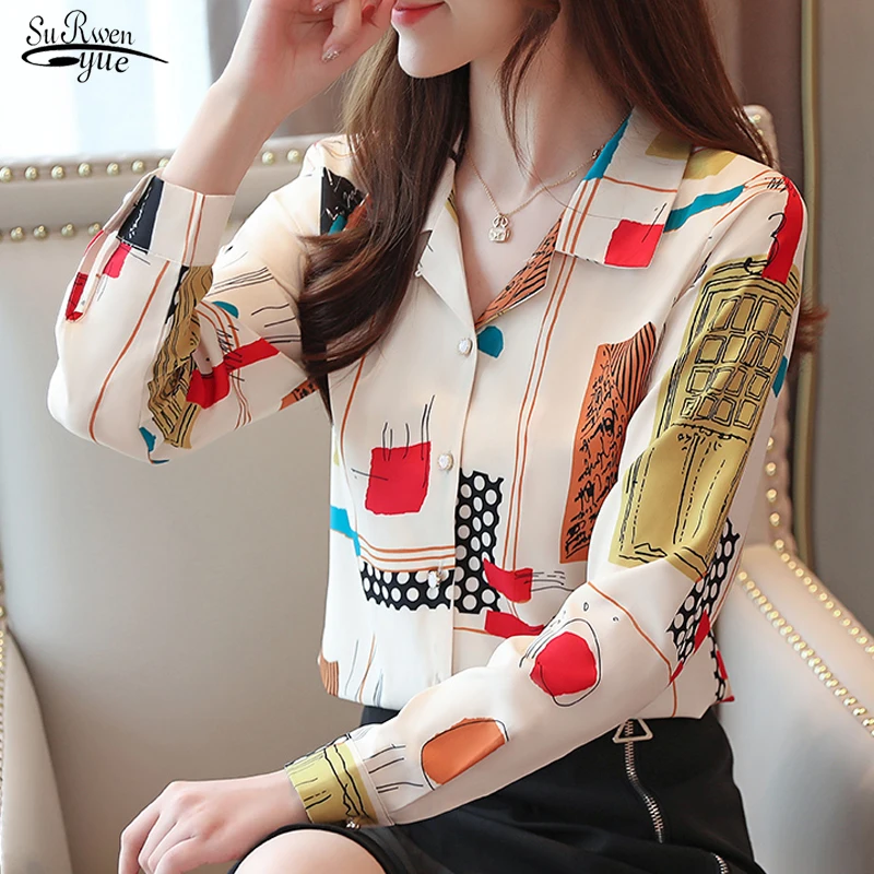 

2021 New Long Sleeve Printed Blouse Women Shirt Casual Loose Cardigan Vintage Chiffon Women Blouse Tops Chemisier Femme 7106 50