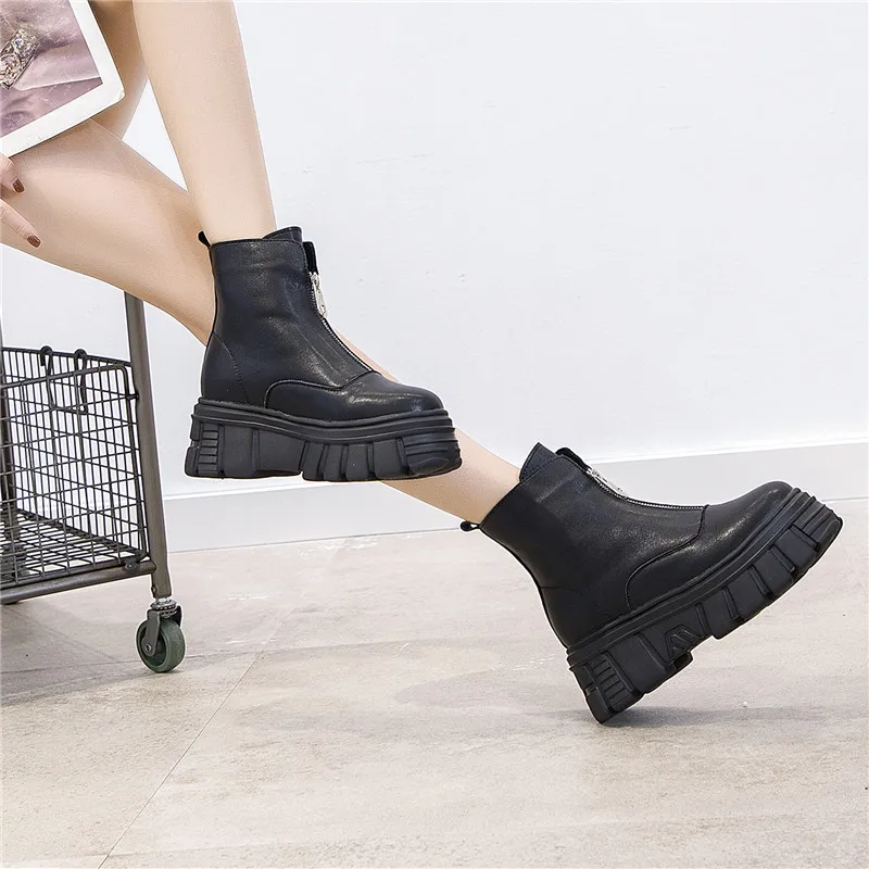 

Genuine Leather Front Zipper Women' Ankle Boots 2020 Fashion Style Women Spring Platform Boots Ladies Chunky Shoes
