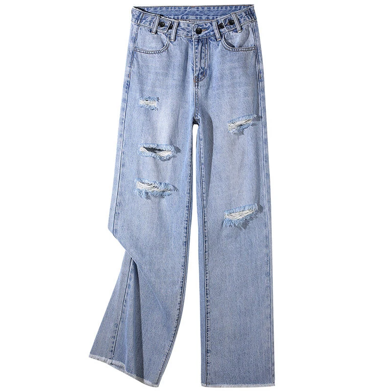 

Unua amo 2021 Jeans Women Loose Wide Leg Jean Stylish Frayed Ripped Hole High Waist Trousers Mopping Denim Pants Size 26-32
