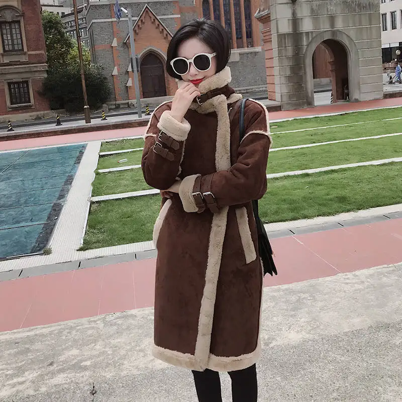 Зимнее длинное пальто из искусственной кожи, Женская утолщенная теплая замшевая куртка, парка из овечьей шерсти, верхняя одежда, женская мода
