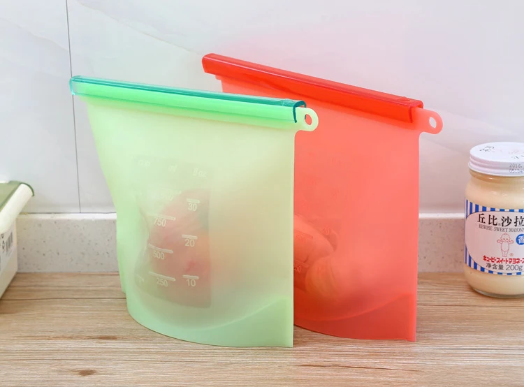 Reusable silicone food bag Silicone ziplock bags Refrigerator food freezer bags 1000ml milk fruit meat fresh sealed storage bags