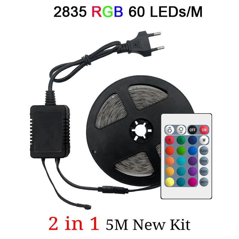 Светодиодный светильник RGB 5050 SMD 2835 гибкая лента fita светодиодный светильник RGB 5 м 10 м 15 М лента диод DC12V 60 светодиодный s 1 м+ управление+ адаптер - Испускаемый цвет: 2835 60LEDs 1M 2in1