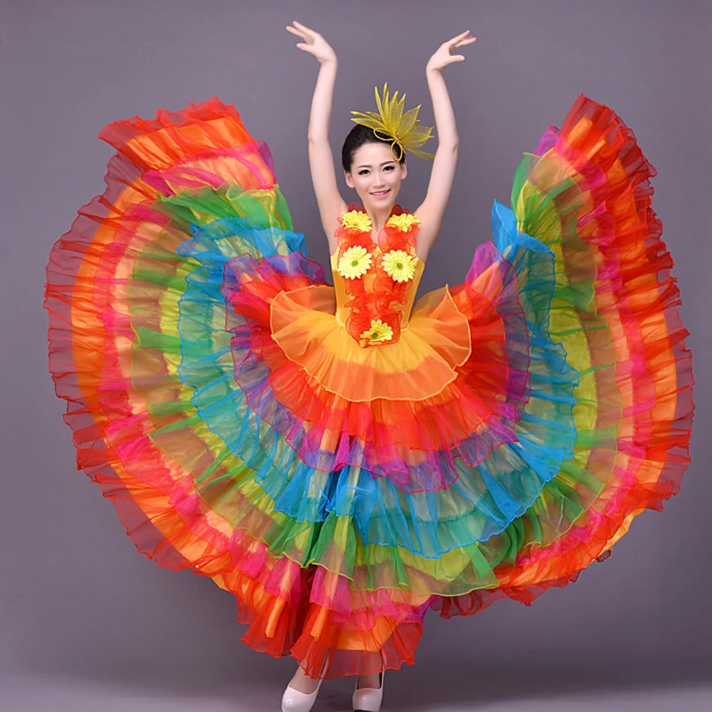 Красочные испанская коррида живота платье с широкой юбкой для танцев длинный
