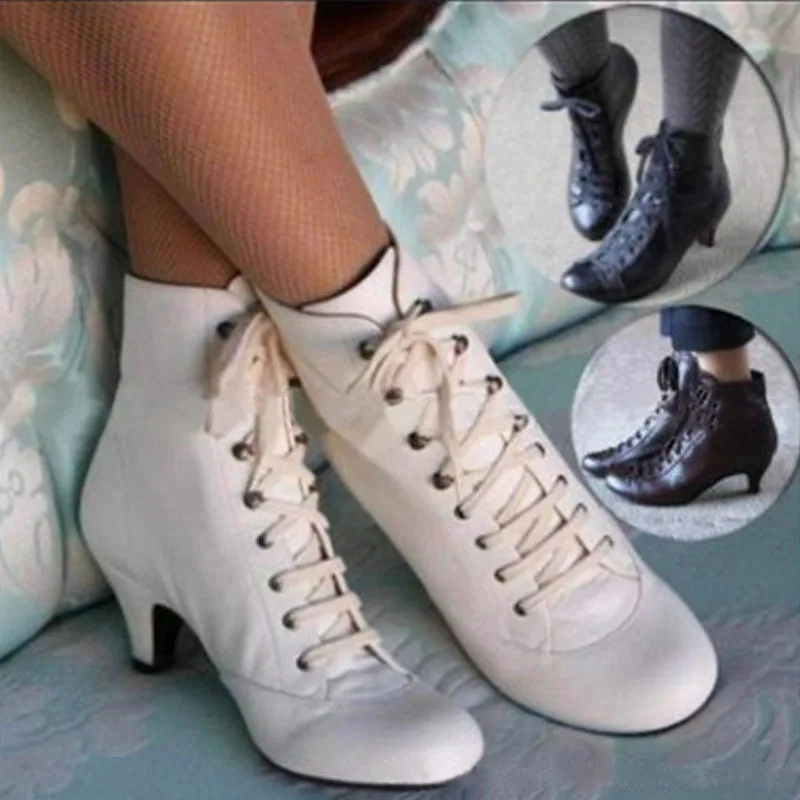 

New Fashion Women Autumn Ankle Boots Solid Flock Lace-Up Vintage Short Boots Pointed Toe Winter Shoes Plus Size Ladies Shoe