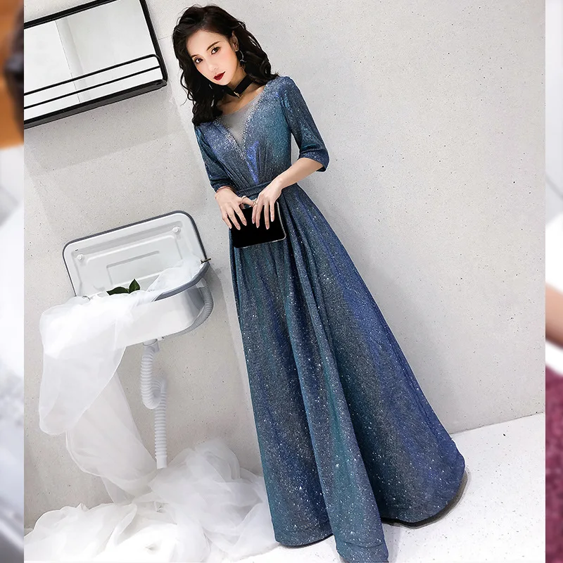 

Синее блестящее длинное платье для выпускного вечера, с V-образным вырезом и рукавом до локтя