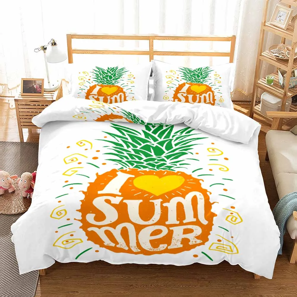 

Комплект постельного белья из 2/3 предметов с мультяшными фруктами, Комплект постельного белья с 3D принтом ананаса, пододеяльник, двойной, Ко...