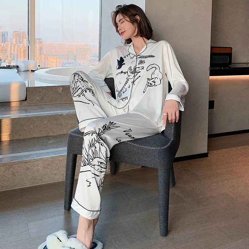 Pajamas Set for Women Natural Animal Graffiti Sleepwear Silk Like Leisure Home Clothes Nightwear Homewear Women Pajamas Suit