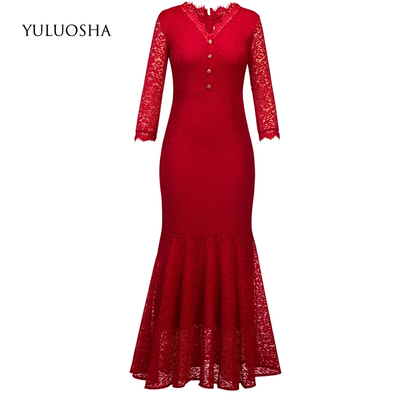 YULUOSHA/модные сексуальные кружевные вечерние платья с v образным вырезом и рукавом
