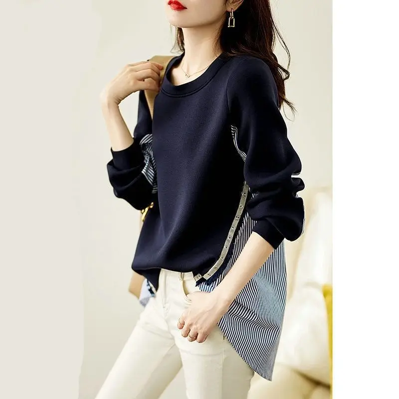 

Striped Stitching Shirt 2021 Autumn New Young and Middle-Aged round Neck Long Sleeve Casual All -Matching Tops