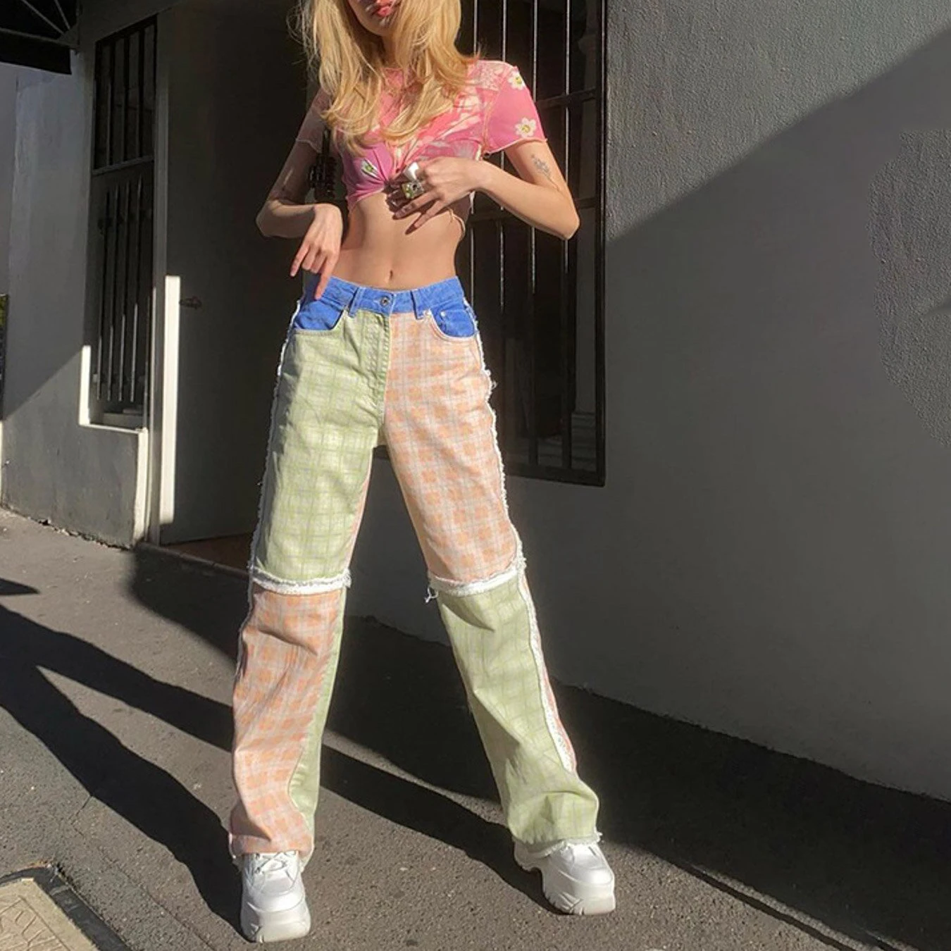 

Осенние женские джинсы Y2K брюки с высокой талией мешковатые джинсовые брюки Мамины свободные классические клетчатые лоскутные джинсы с шир...