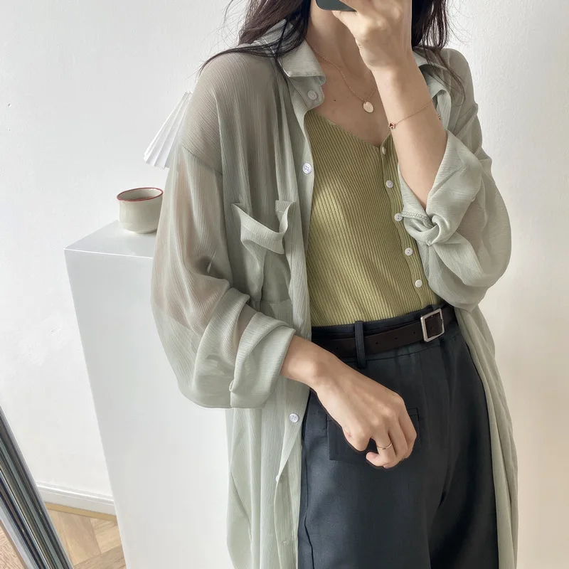 Summer 2020 New BF Style Loose Simple Pocket Design Long Shirt Sun Proof Women Blouses Korean Fashion Clothing