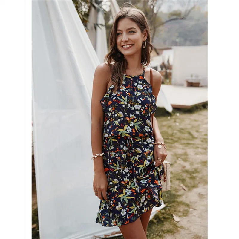 

2020 Summer Casual Women Print Mini Dress Fashionn O-neck Sleeveless Ruffles Slim Dresses