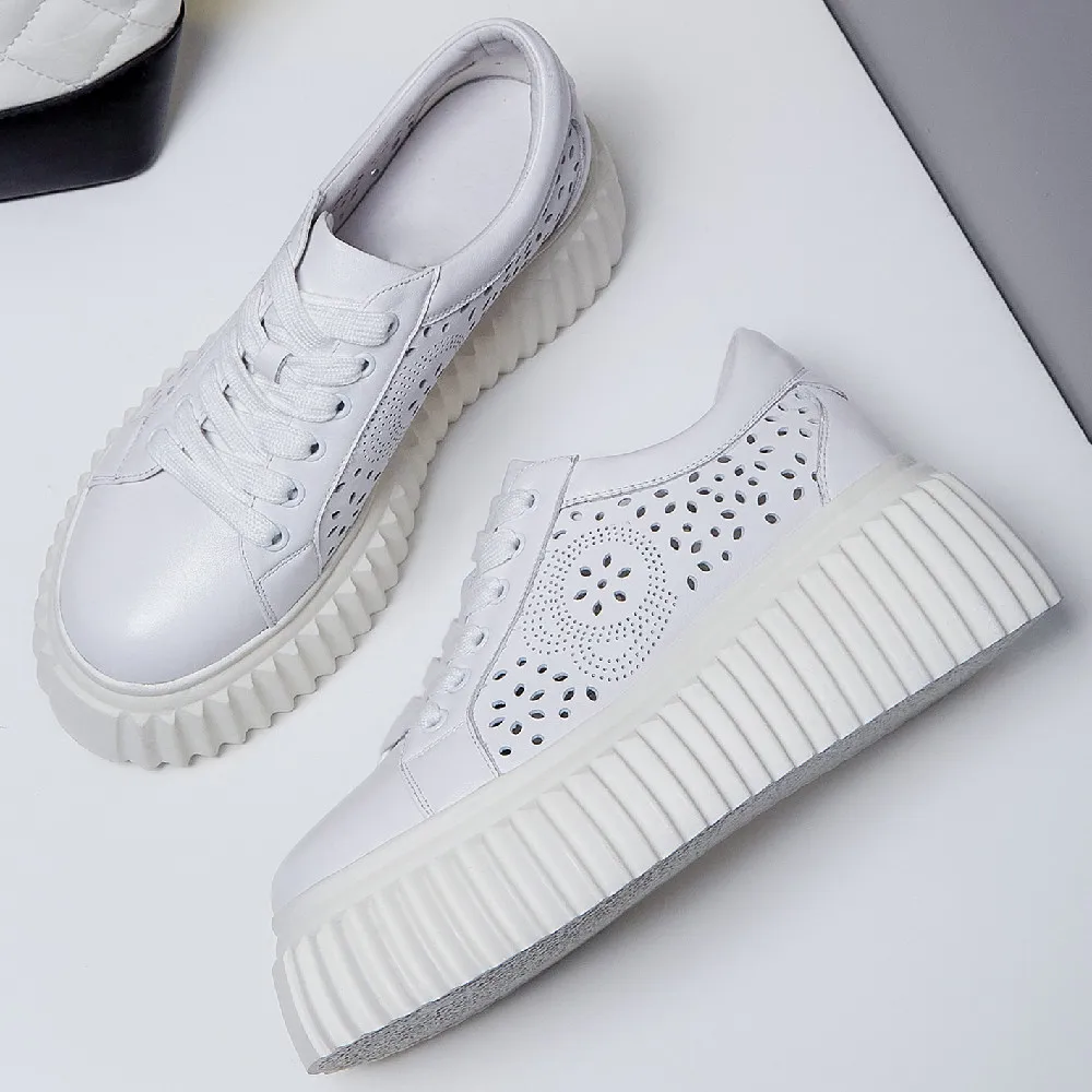 

Женские кроссовки из натуральной кожи, с вырезами, на толстой подошве, плоская подошва, мягкие удобные, эспадрильи, повседневная обувь в сти...