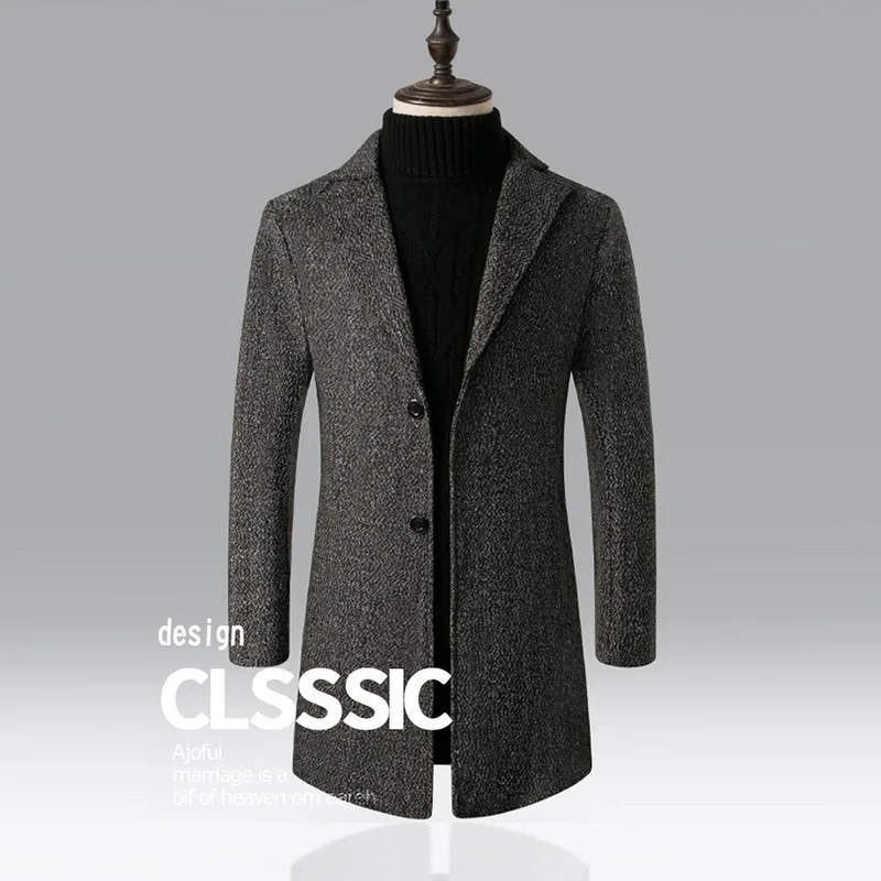 Мужское шерстяное пальто однотонная теплая длинная куртка Тренч в деловом стиле