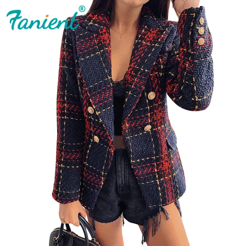 

Женская твидовая куртка в клетку, с отложным воротником и длинным рукавом