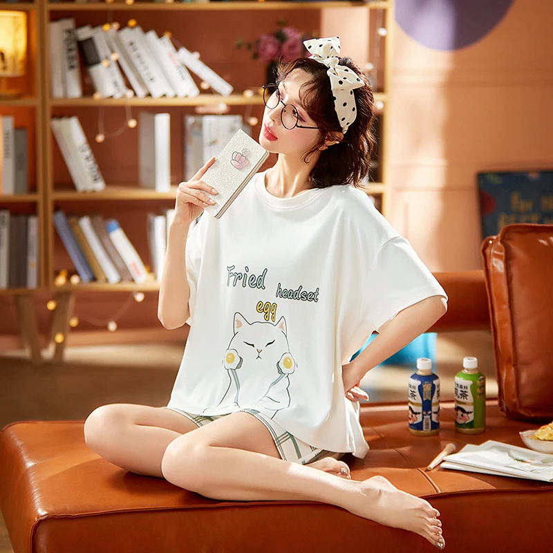 

Summer White Cartoon Cats Printing Kawaii Pajamas Set For Women Cotton Homewear Fashion Casual O-Neck Short Sleeves Sleepwear