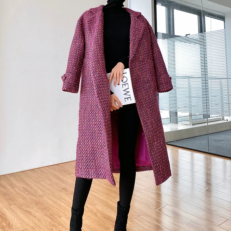 Женское твидовое шерстяное пальто повседневное свободное плотное в стиле ретро