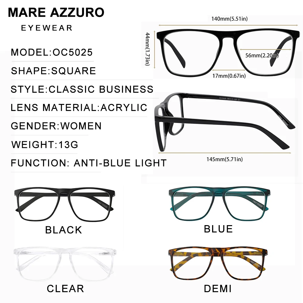 Eyeglasses Reading Glasses Men Anti Glare Computer Glasses Frame Large Square Blue Light Presbyopia +1.0 To+4.0 5025 MARE AZZURO