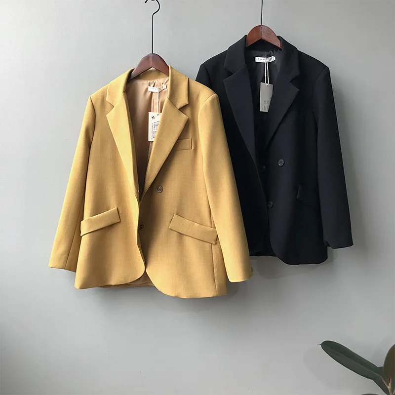 

New 2020 Autumn Winter Women's Blazers Oversize Buttons Pockets Jackets Notched Vintage Office Lady Wild Tops