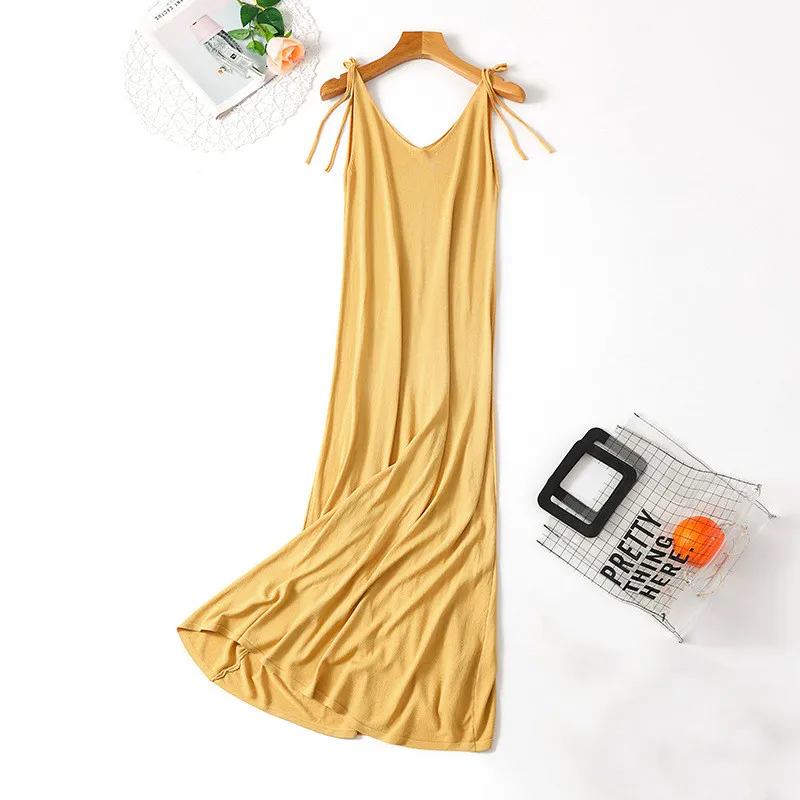 Женское летнее длинное трикотажное платье без рукавов с V образным вырезом и