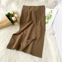womens solid color high waist split midi skirt 2022 summer sexy slim zipper package hip skirt office ladies work elegant skirt