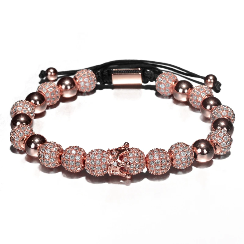Crown Rose Gold B Роскошные браслеты мужские 8 мм Micro Pave CZ круглый плетеный макраме браслет Pulseira Feminina ювелирные изделия ручной работы для женщин подарок - Окраска металла: Crown Rose Gold B