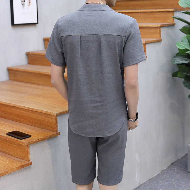 Summer Clothes Men 2 Pieces Sets VogueShorts And Short-sleeved Buckle T Shirt Men Breathable Slim Fit V Neck Linen Suits