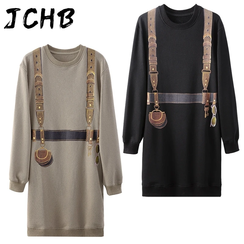 

JCHB 2021 Winter New Fashion Round Long Sleeve Street Fake Strap Print Casual Mid Length Sweater Dress 7B0392