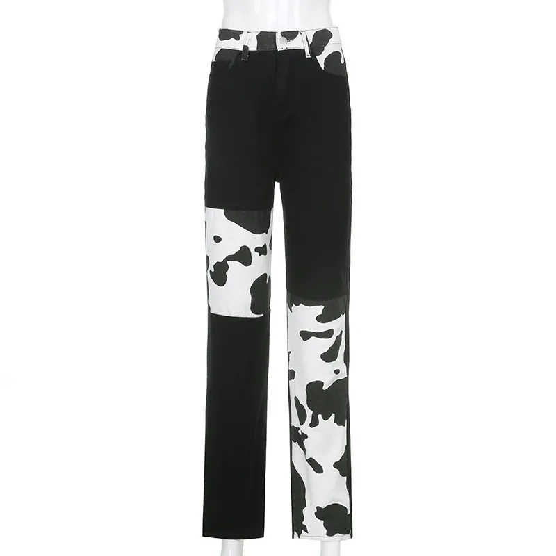 

CHRONSTYLE2021 New Denim Jeans Fashion Women Cow Print Patchwork High Waist Streetwear Pants Trousers High Waist Jeans Clubwear