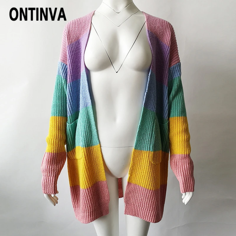 Осенний женский кардиган в радужную полоску,, Mujer, размера плюс, 3XL, длинный джемпер, женская одежда, зимняя Свободная трикотажная одежда, повседневные кардиганы